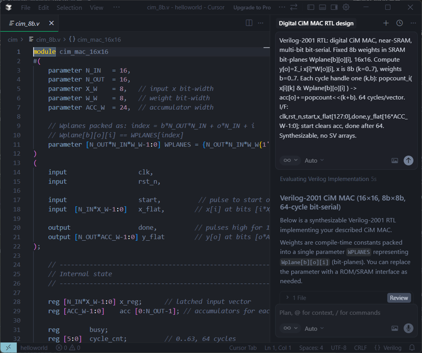 Verilog-2001 RTL: digital CiM MAC, near-SRAM, multi-bit bit-serial. Fixed 8b weights in SRAM bit-planes Wplane[b][o][i], 16x16. Compute y[o]=Σ_i x[i]*W[o][i], x is 8b (k=0..7), weights b=0..7. Each cycle handle one (k,b): popcount_i( x[i][k] & Wplane[b][o][i] ) -> acc[o]+=popcount<<(k+b). 64 cycles/vector. I/F: clk,rst_n,start,x_flat[127:0],done,y_flat[16*ACC_W-1:0]; start clears acc, done after 64. Synthesizable, no SV arrays.